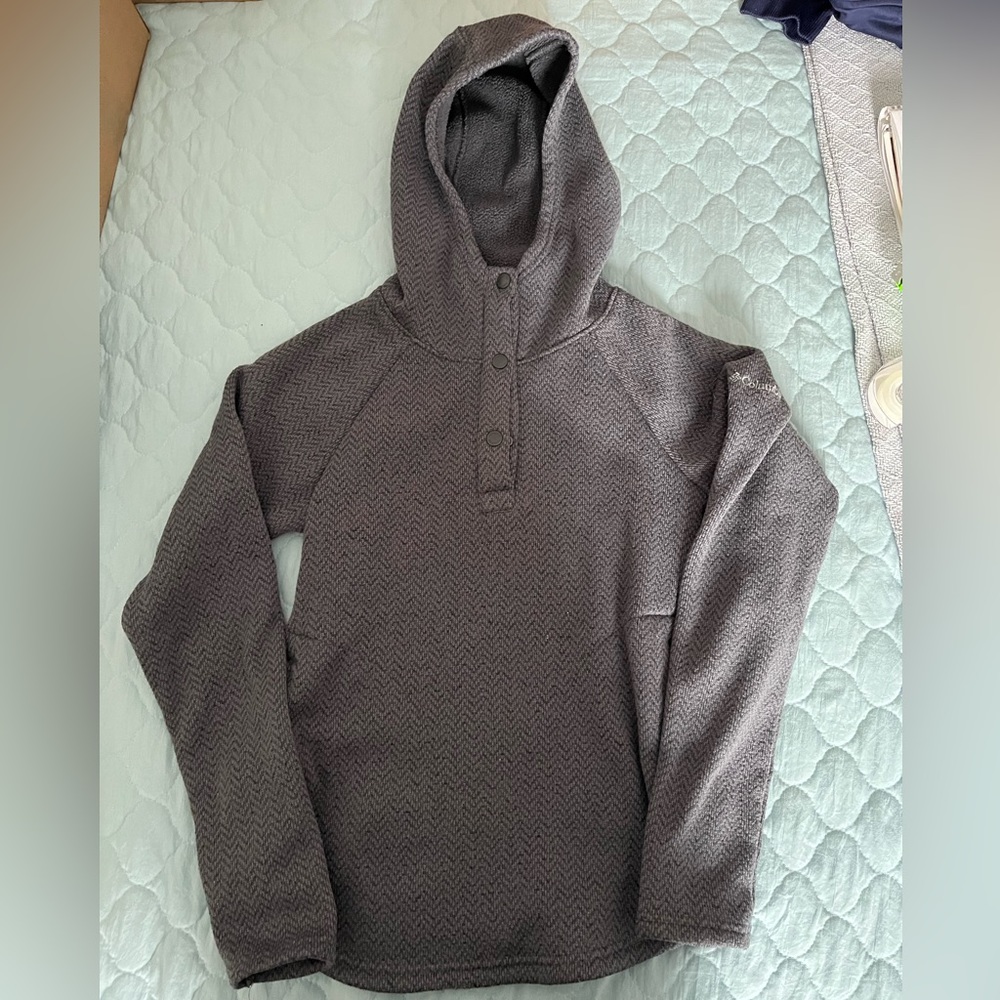 Columbia Gray Tweed Hooded Fleece Lined Quarter Buttoned Pullover